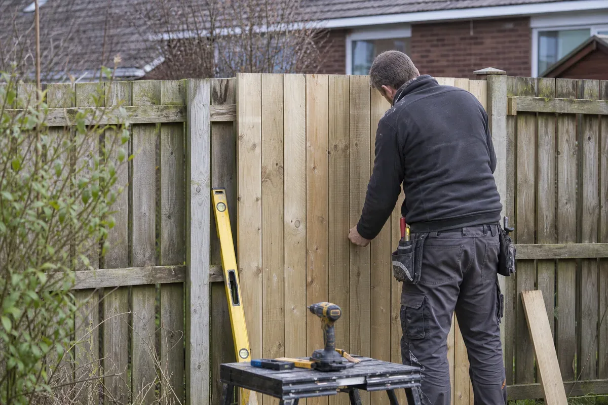 Damaged garden fence being repaired in Harrogate
